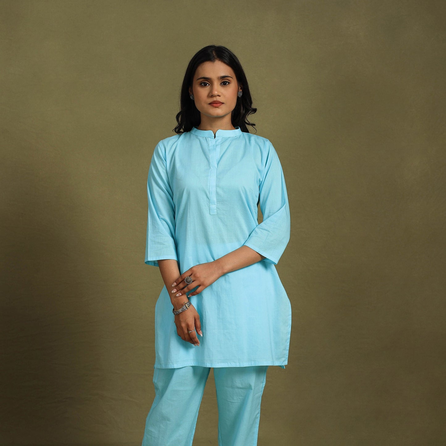Blue Plain Dyed Cotton Co-Ord Set