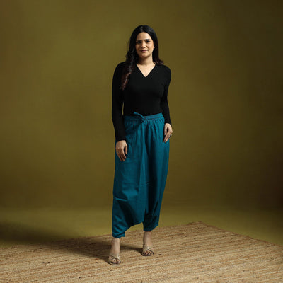 Blue - plain flex cotton elasticated harem pant 12