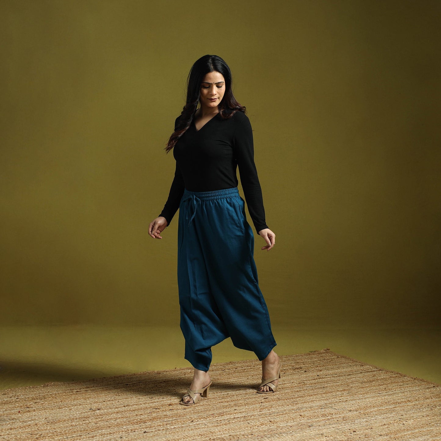 Blue - plain flex cotton elasticated harem pant 17