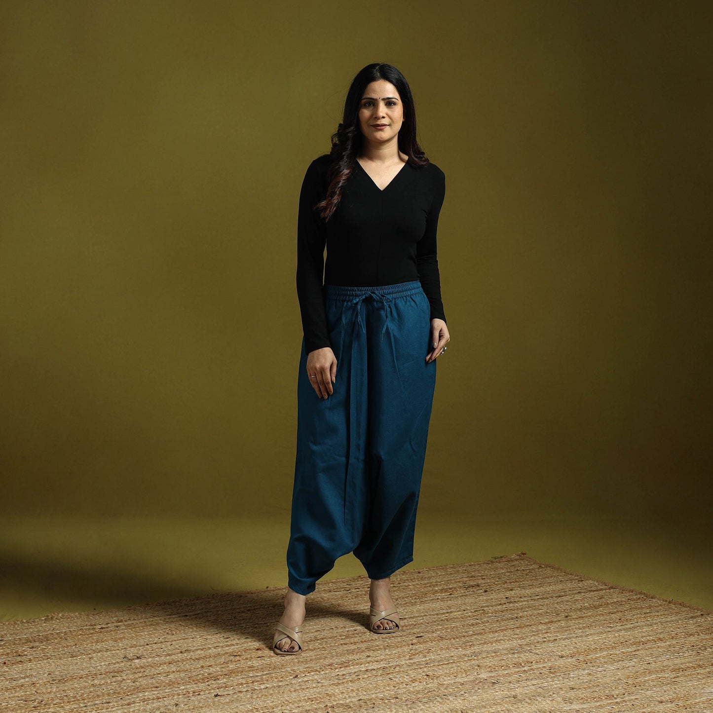 Blue - plain flex cotton elasticated harem pant 17