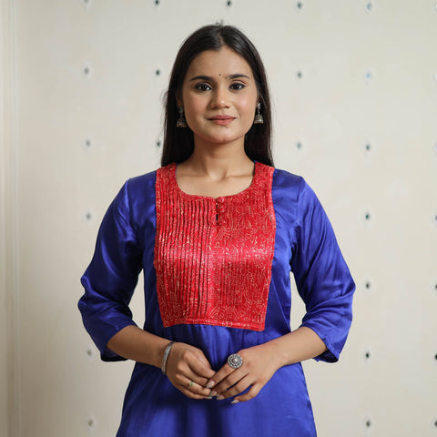  Plain Modal Silk Straight Kurta with Ajrakh Pintuck Patchwork 04 