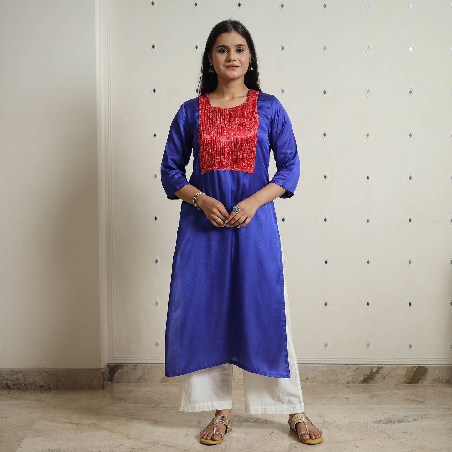  Plain Modal Silk Straight Kurta with Ajrakh Pintuck Patchwork 04 