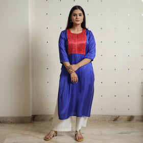  Plain Modal Silk Straight Kurta with Ajrakh Pintuck Patchwork 04 