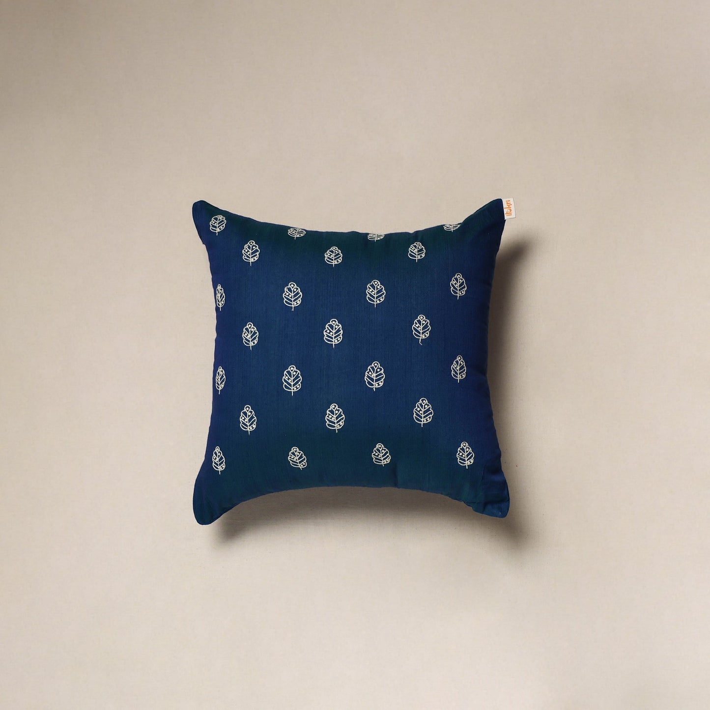 Blue - plain slub silk hand embroidered cushion cover 01
