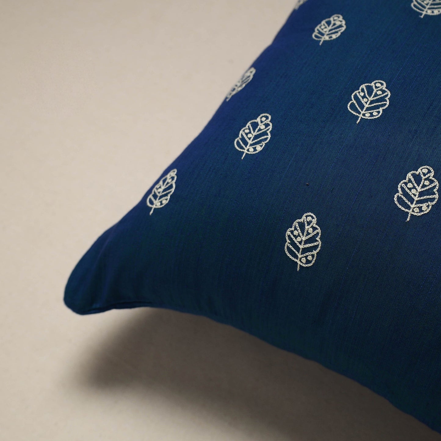 Blue - plain slub silk hand embroidered cushion cover 01