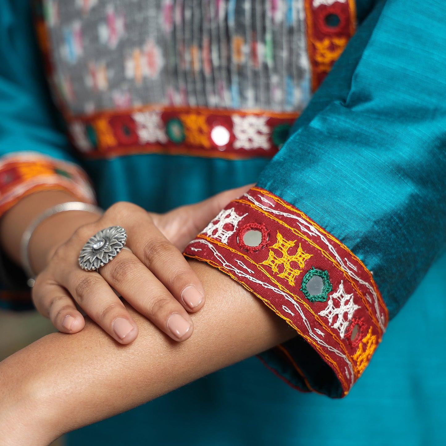 Buy Plain Slub Silk Pintuck Kurta with Ikat Patchwork Online at iTokri.com