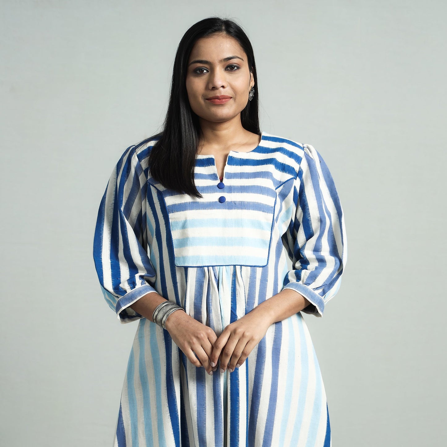 Blue - pochampally double ikat cotton flared dress