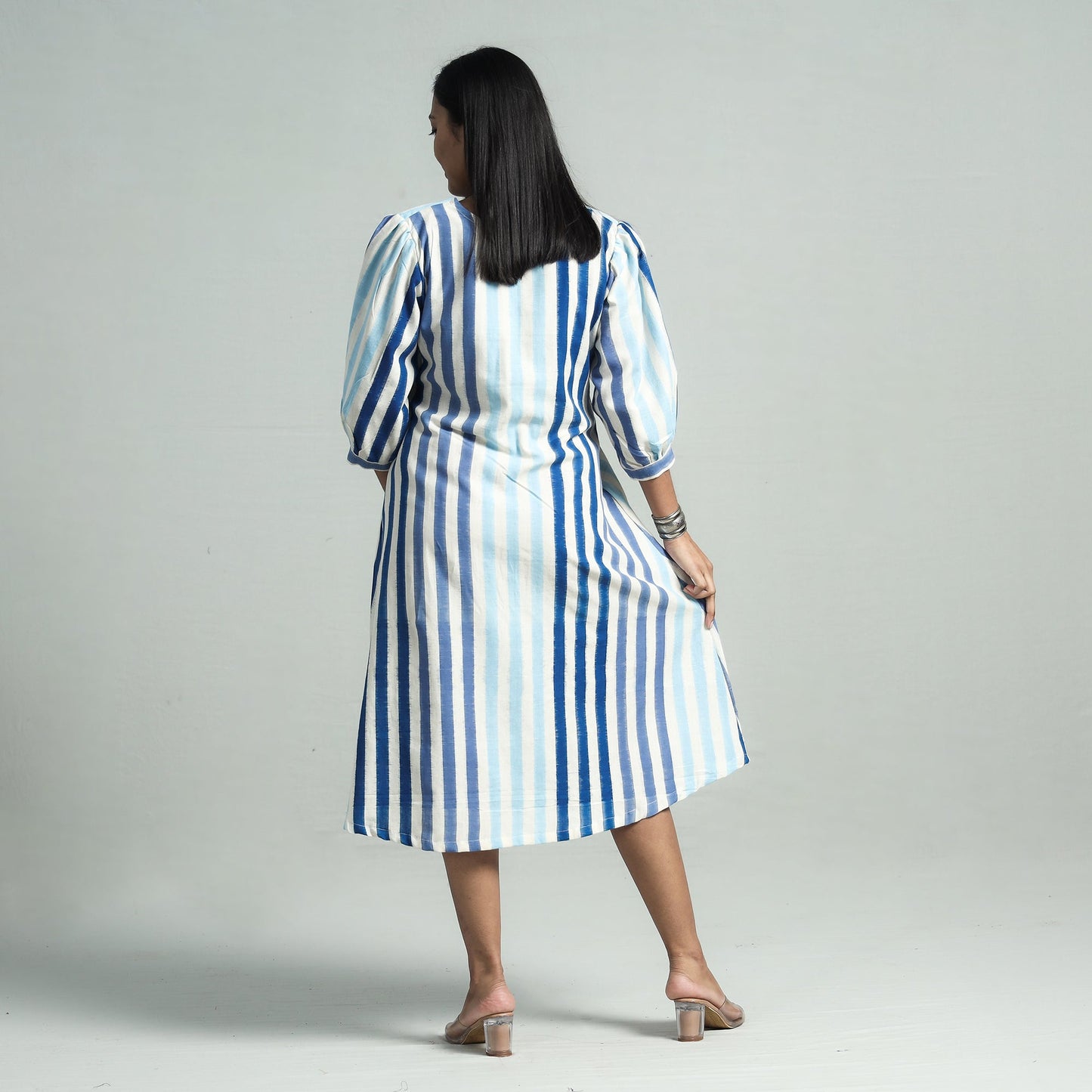 Blue - pochampally double ikat cotton flared dress