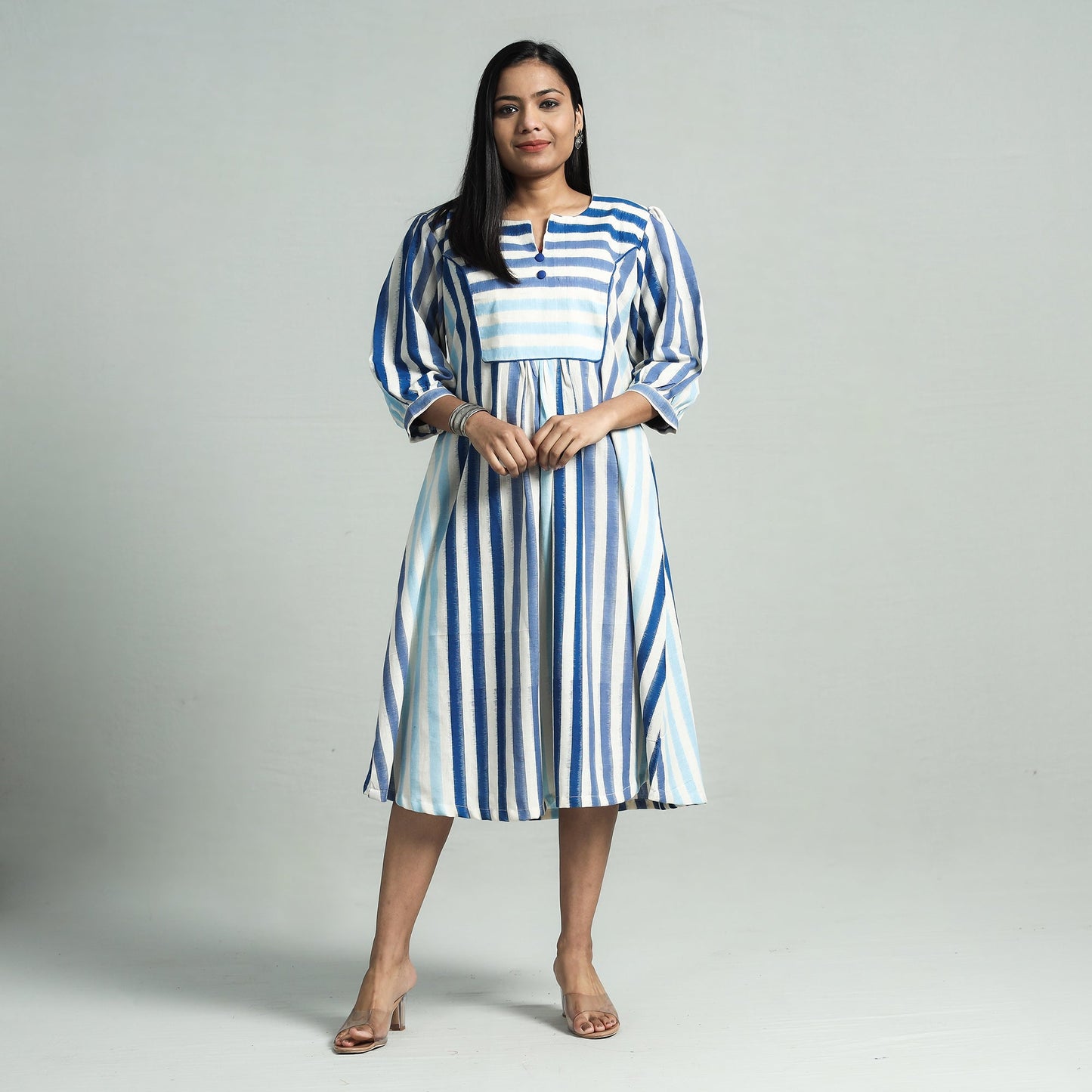 Blue - pochampally double ikat cotton flared dress