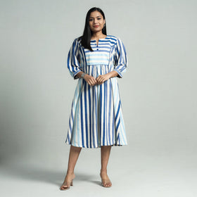 Blue - pochampally double ikat cotton flared dress