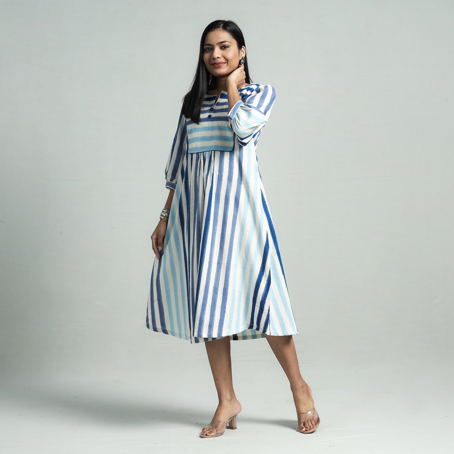 Blue - pochampally double ikat cotton flared dress