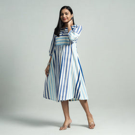 Blue - pochampally double ikat cotton flared dress