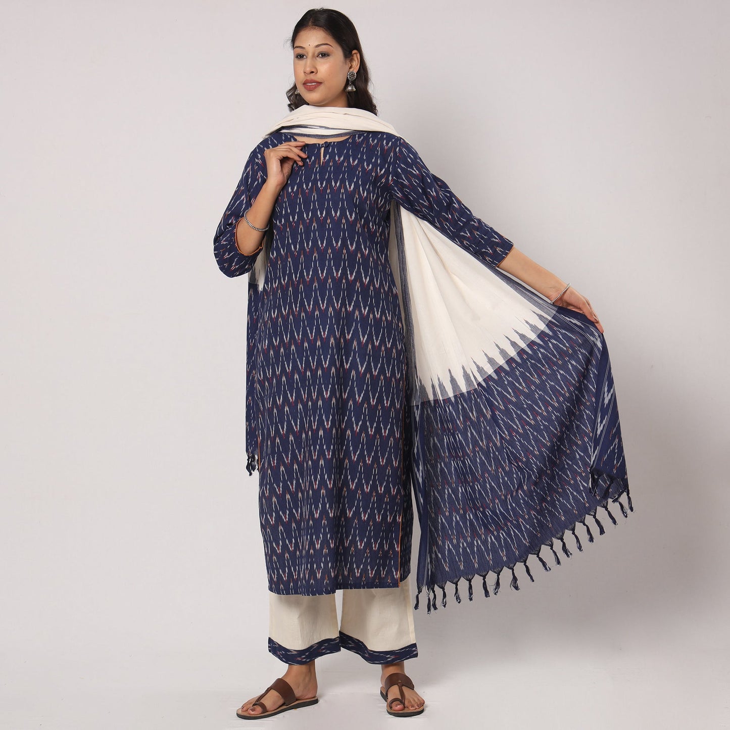 Blue - pochampally ikat cotton kurta with palazzo & dupatta