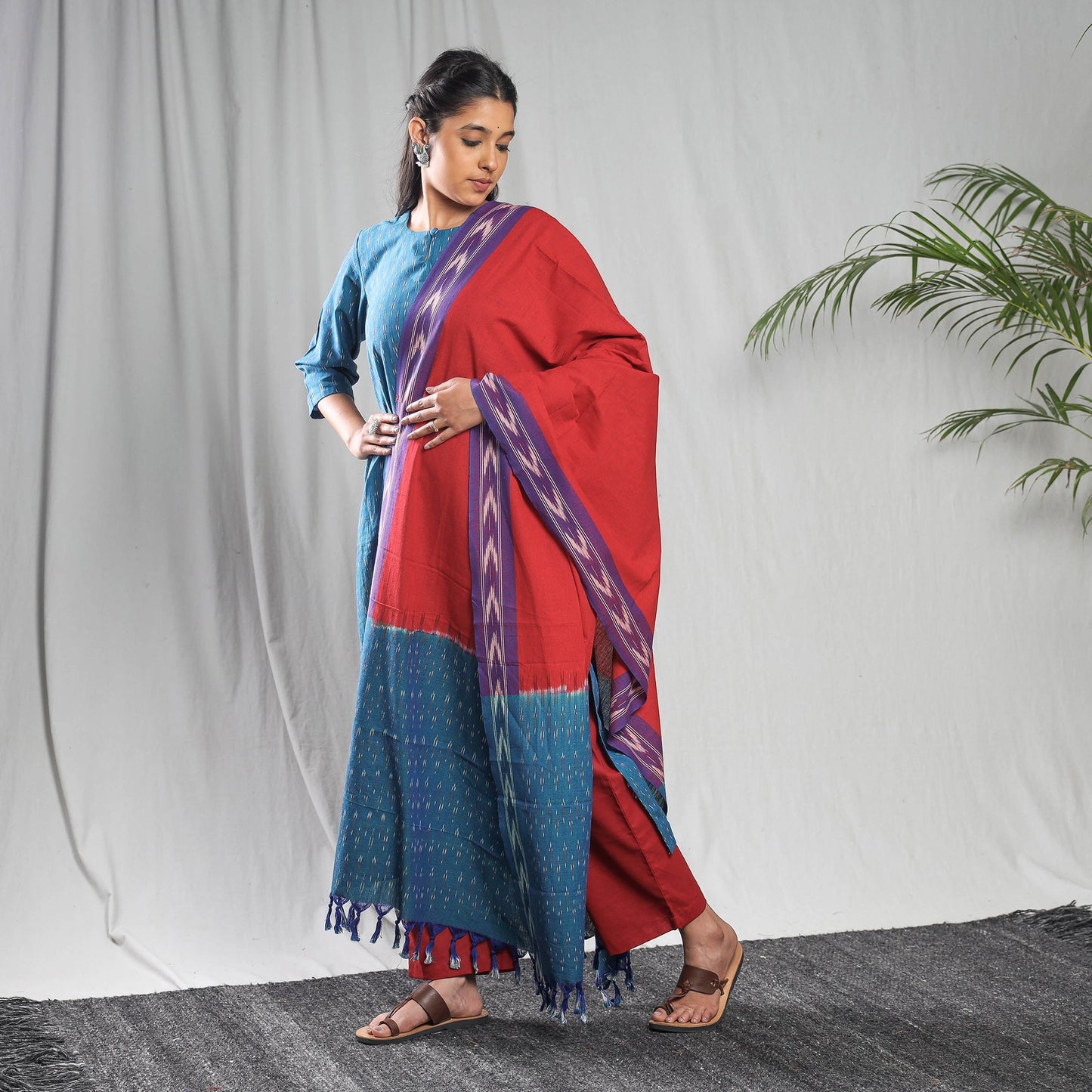 Blue - pochampally ikat cotton kurta with palazzo & dupatta