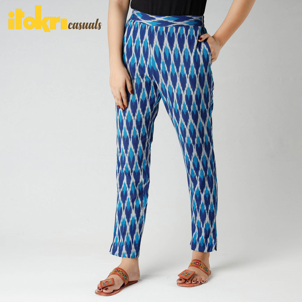 Ikat Tapered Casual Blue Pant for Women by iTokri Casuals