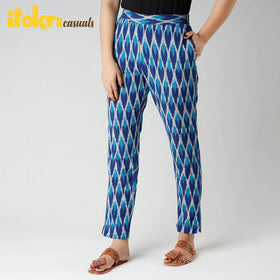 Ikat Tapered Casual Blue Pant for Women by iTokri Casuals