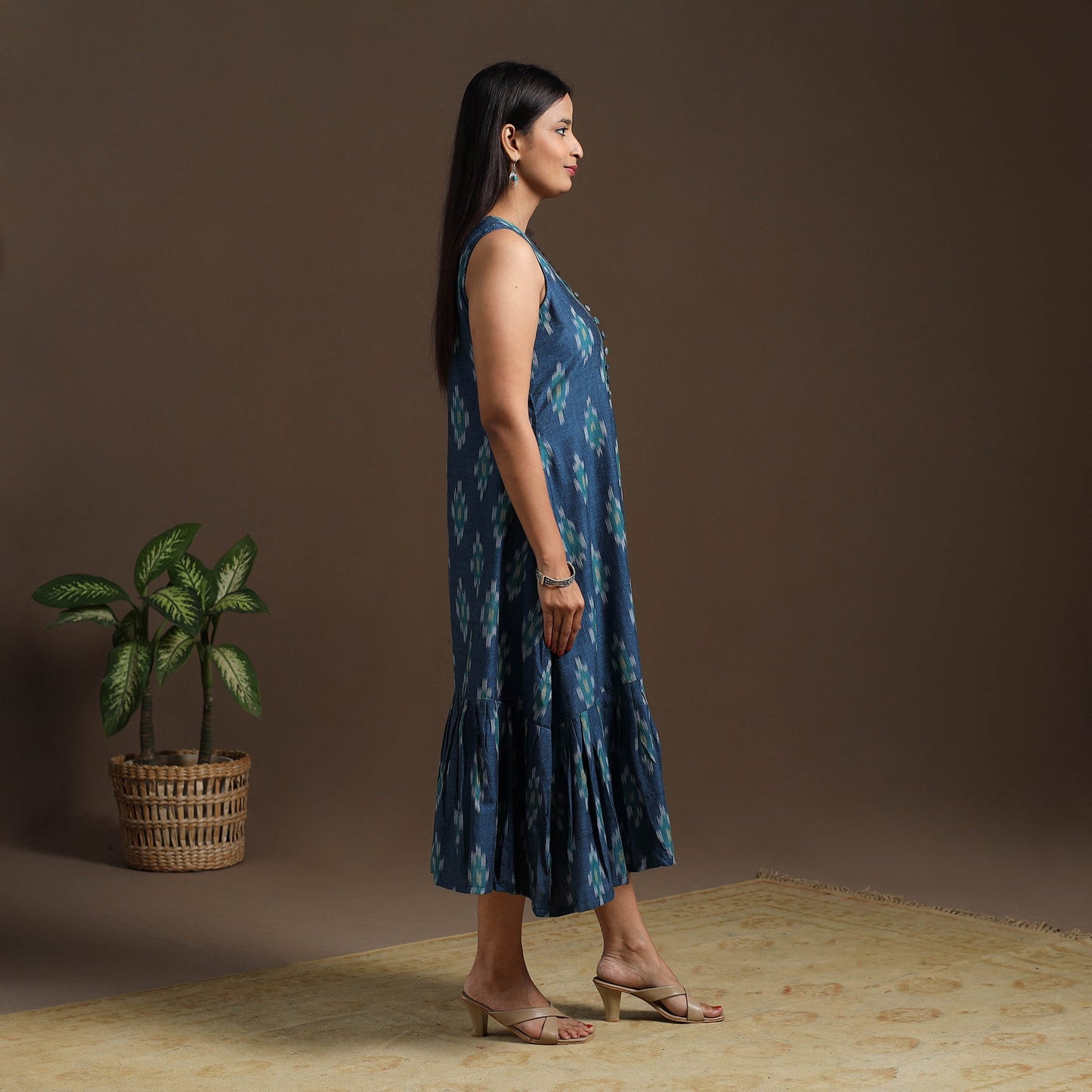 Blue Pochampally Ikat Cotton Tiered Dress for Women