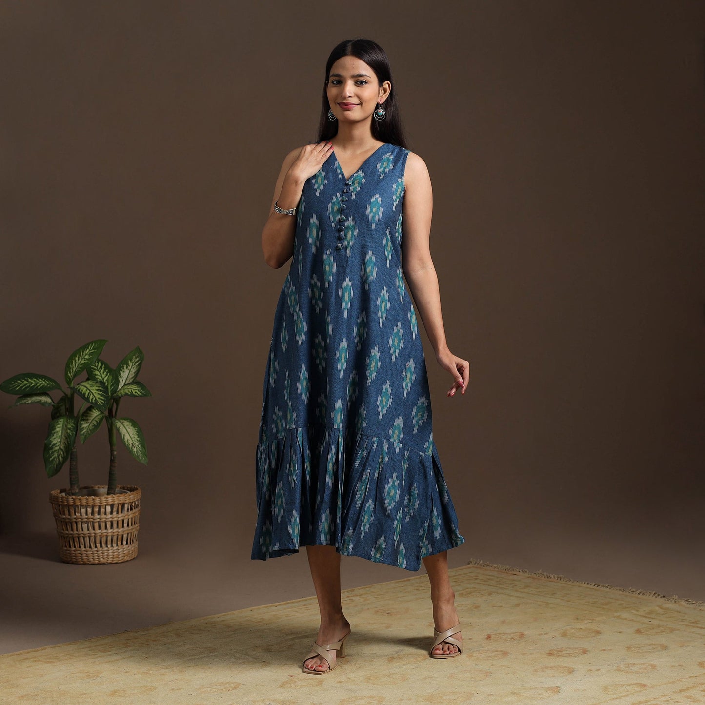 Blue Pochampally Ikat Cotton Tiered Dress for Women