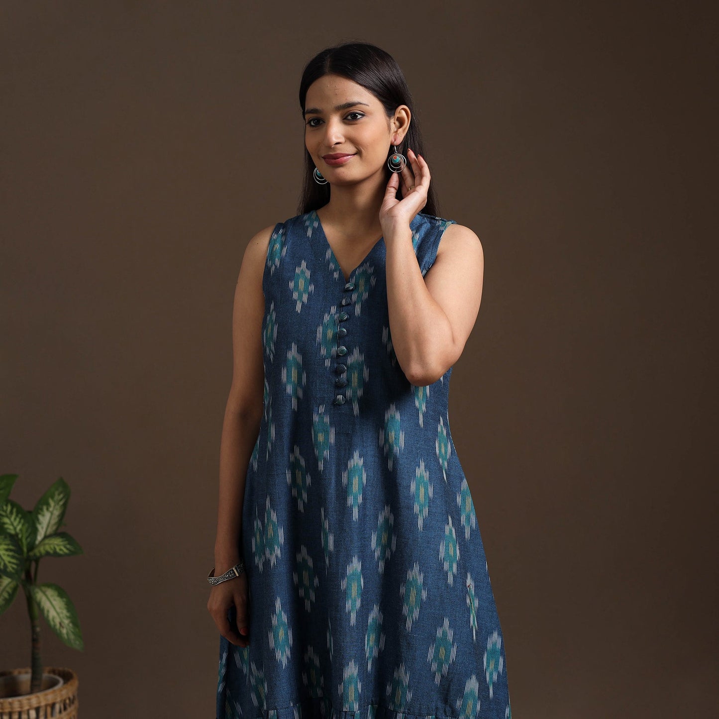 Blue Pochampally Ikat Cotton Tiered Dress for Women
