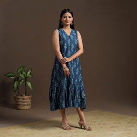 Blue Pochampally Ikat Cotton Tiered Dress for Women
