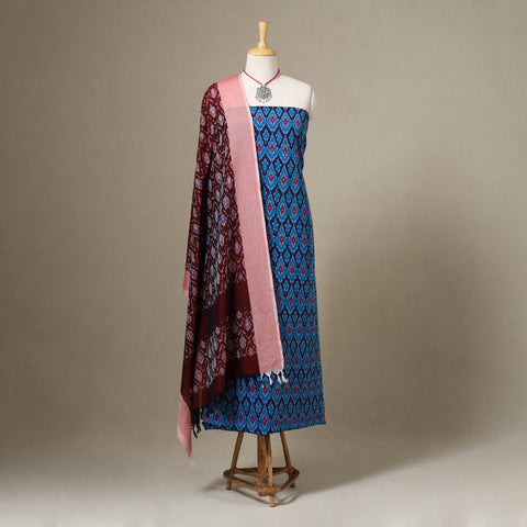 Blue Pochampally Ikat Handloom Dress Material with Jewellery Set