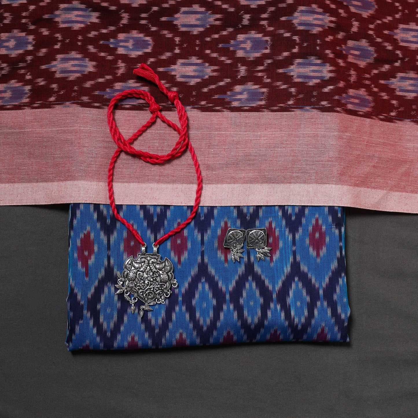 Blue Pochampally Ikat Handloom Dress Material with Jewellery Set