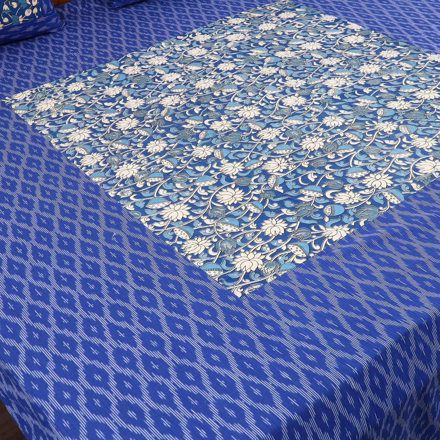 Blue Pochampally Ikat with Kalamkari Patch Cotton Bedsheet Set
