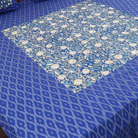 Blue Pochampally Ikat with Kalamkari Patch Cotton Bedsheet Set