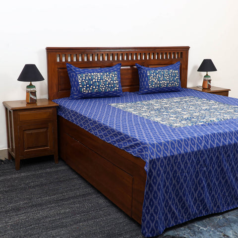 Blue Pochampally Ikat with Kalamkari Patch Cotton Bedsheet Set