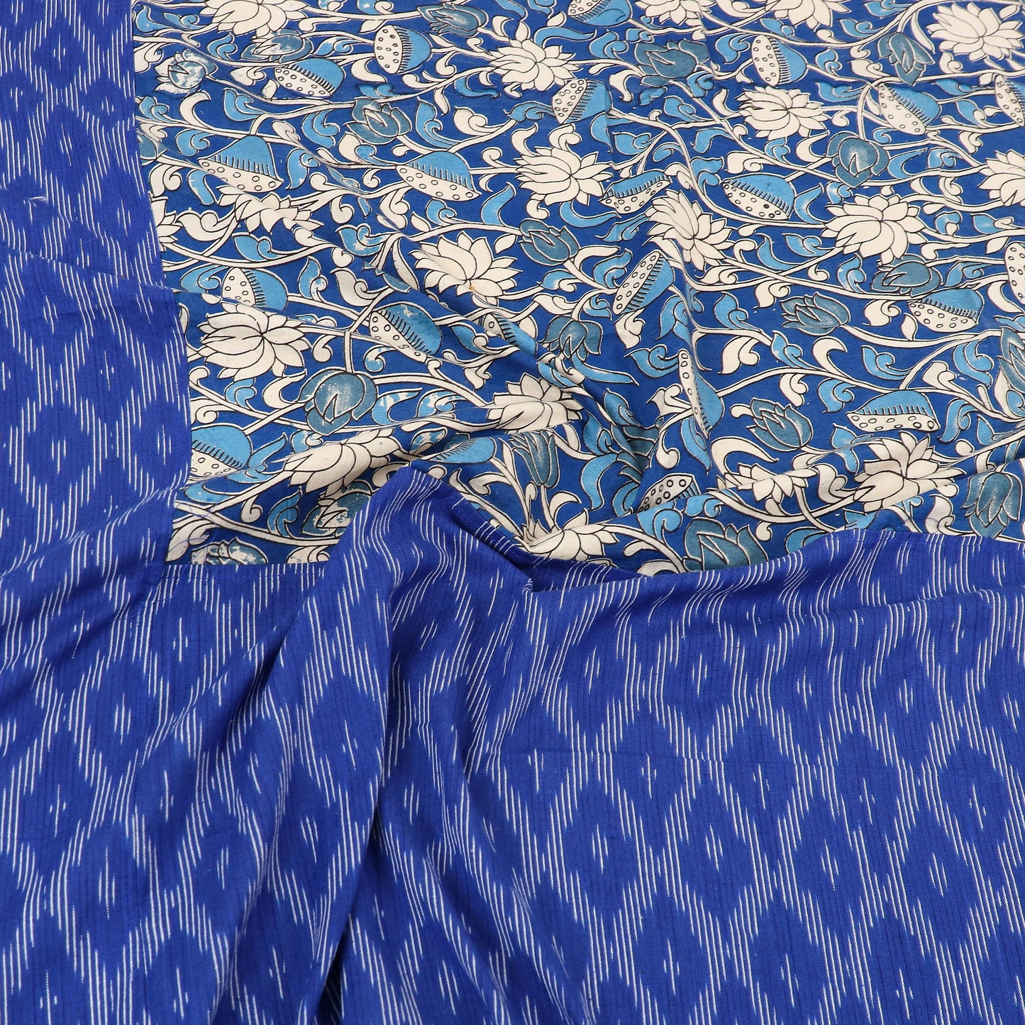 Blue Pochampally Ikat with Kalamkari Patch Cotton Bedsheet Set