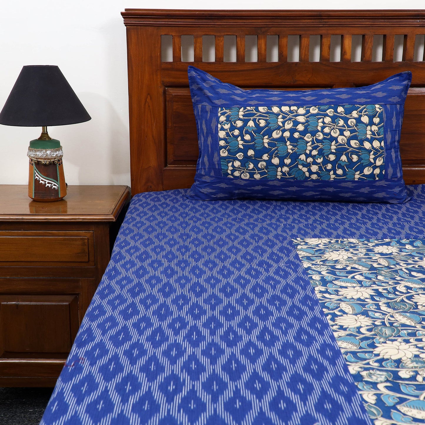 Blue Pochampally Ikat with Kalamkari Patch Cotton Bedsheet Set