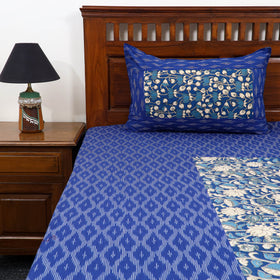 Blue Pochampally Ikat with Kalamkari Patch Cotton Bedsheet Set