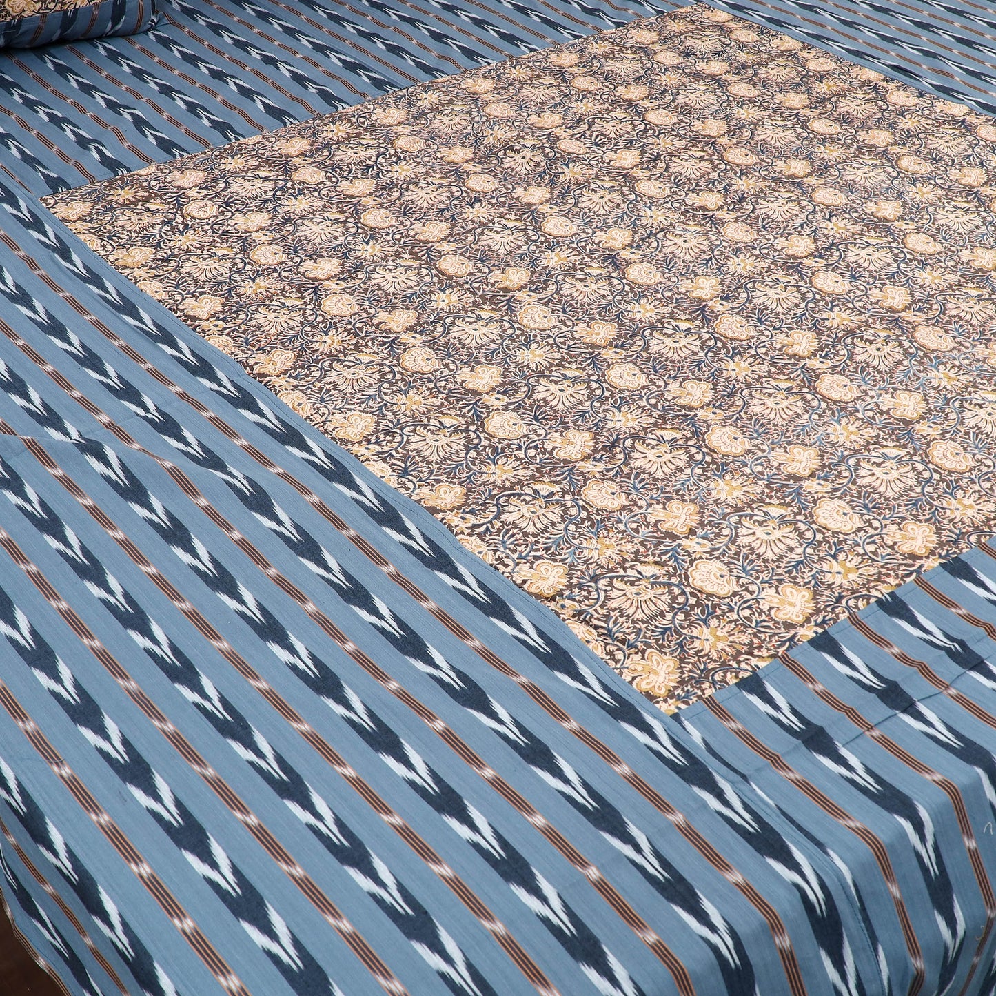 Pochampally Ikat with Kalamkari Patch Cotton Bedsheet Set