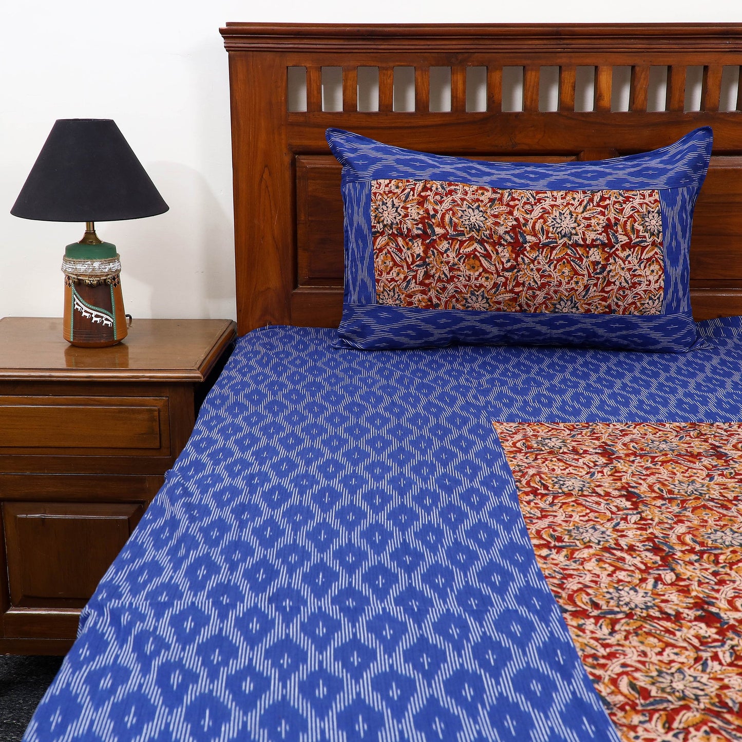Blue - pochampally ikat with kalamkari patch cotton