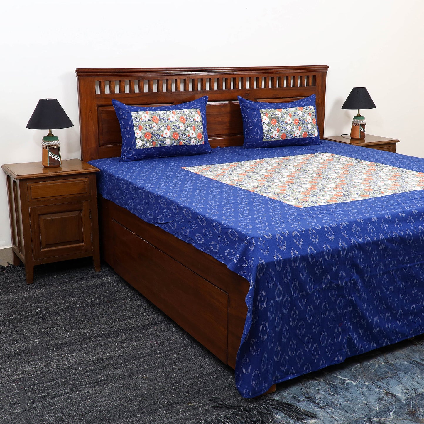 Blue Pochampally Ikat with Sanganeri Patch Cotton Bedsheet Set