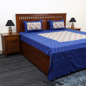 Blue Pochampally Ikat with Sanganeri Patch Cotton Bedsheet Set