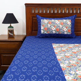 Blue Pochampally Ikat with Sanganeri Patch Cotton Bedsheet Set