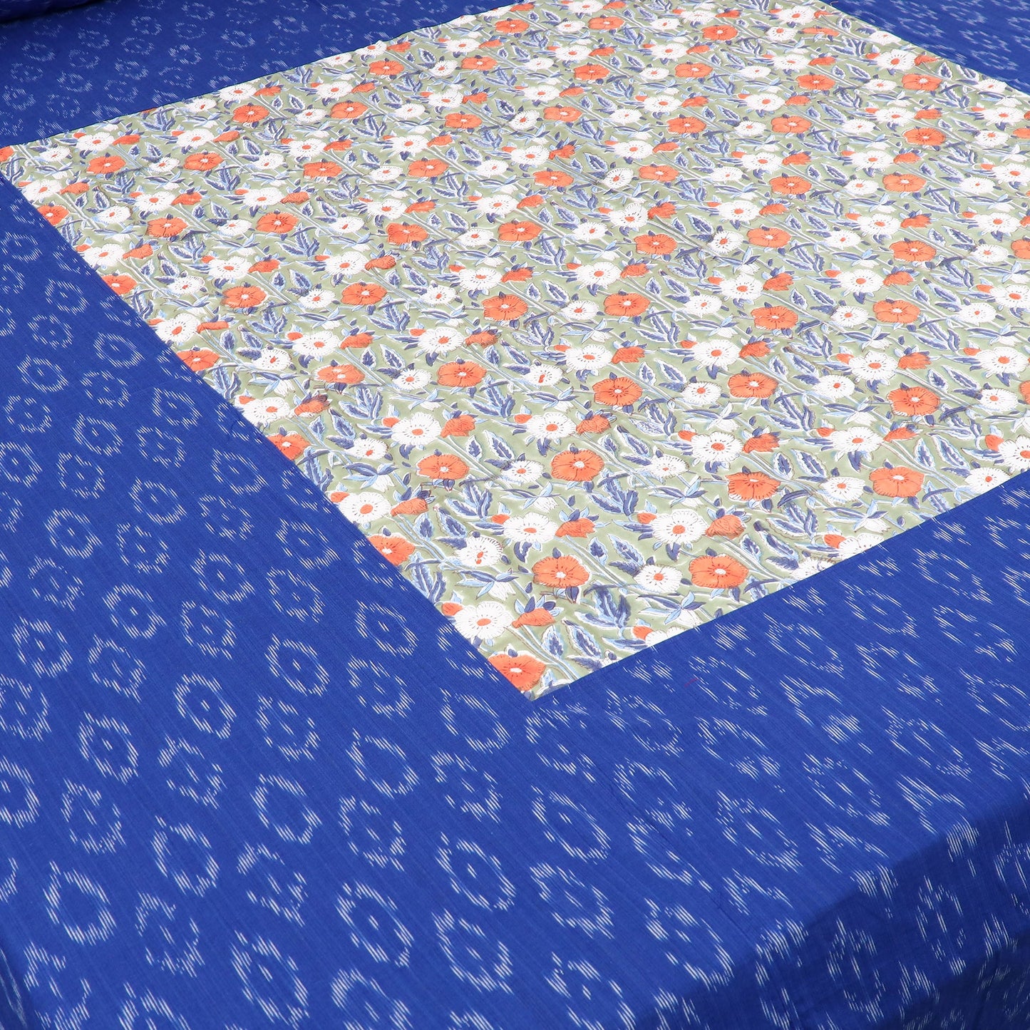 Blue Pochampally Ikat with Sanganeri Patch Cotton Bedsheet Set