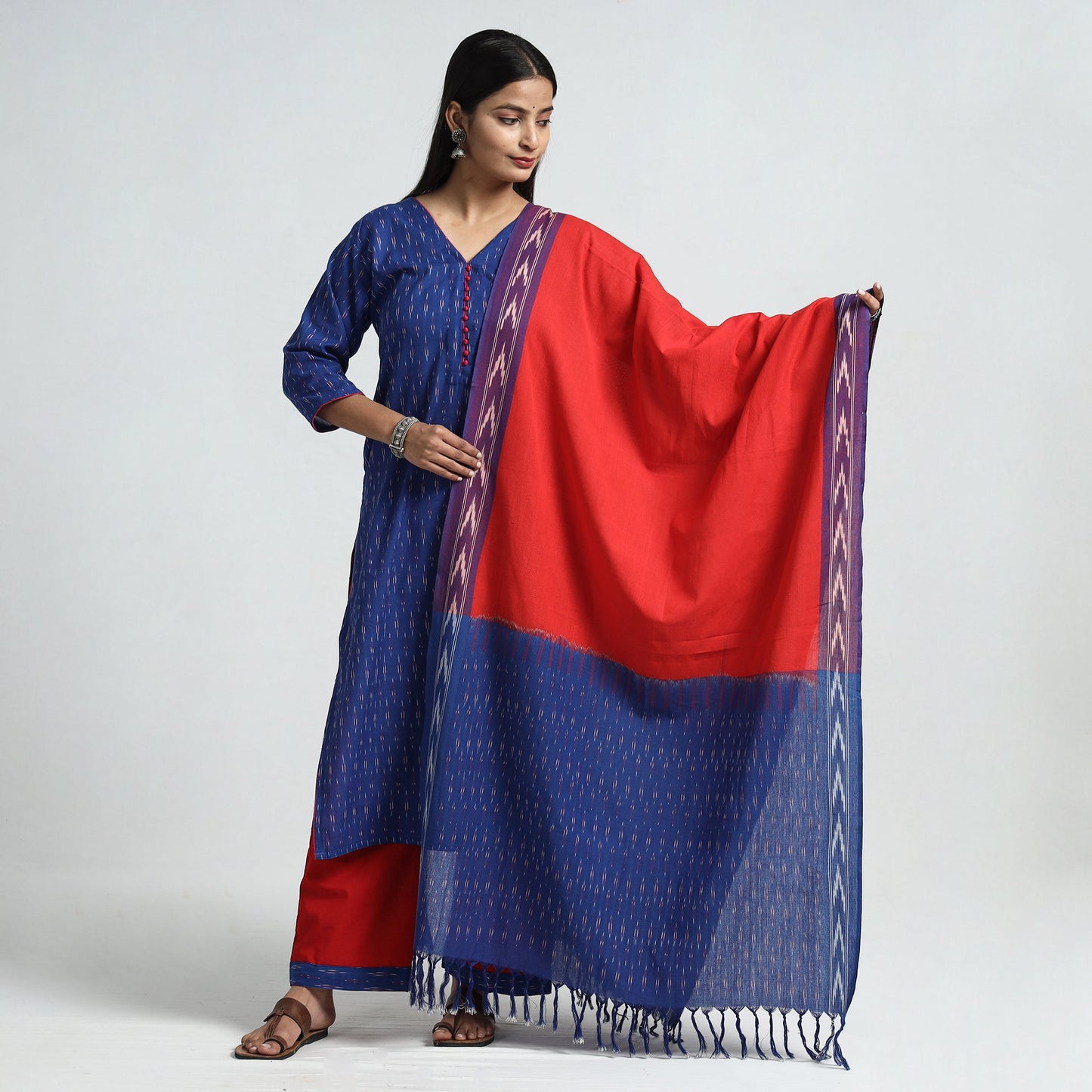 Blue - pochampally ikat weave cotton kurta with palazzo &