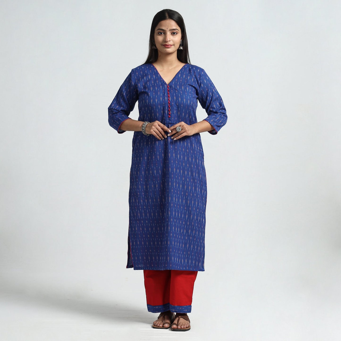 Blue - pochampally ikat weave cotton kurta with palazzo &
