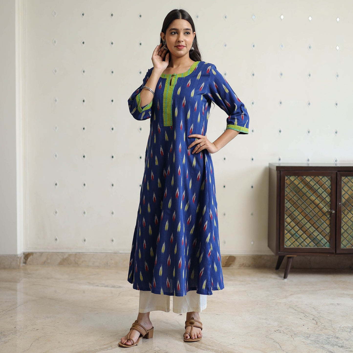Blue - pochampally ikat weave cotton a-line kurta