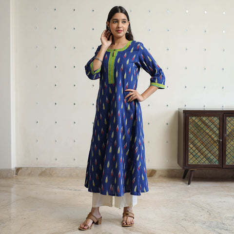 Blue - pochampally ikat weave cotton a-line kurta