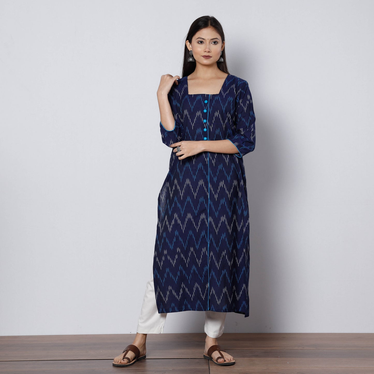  Pochampally Ikat Weave Cotton Long Straight Kurta 