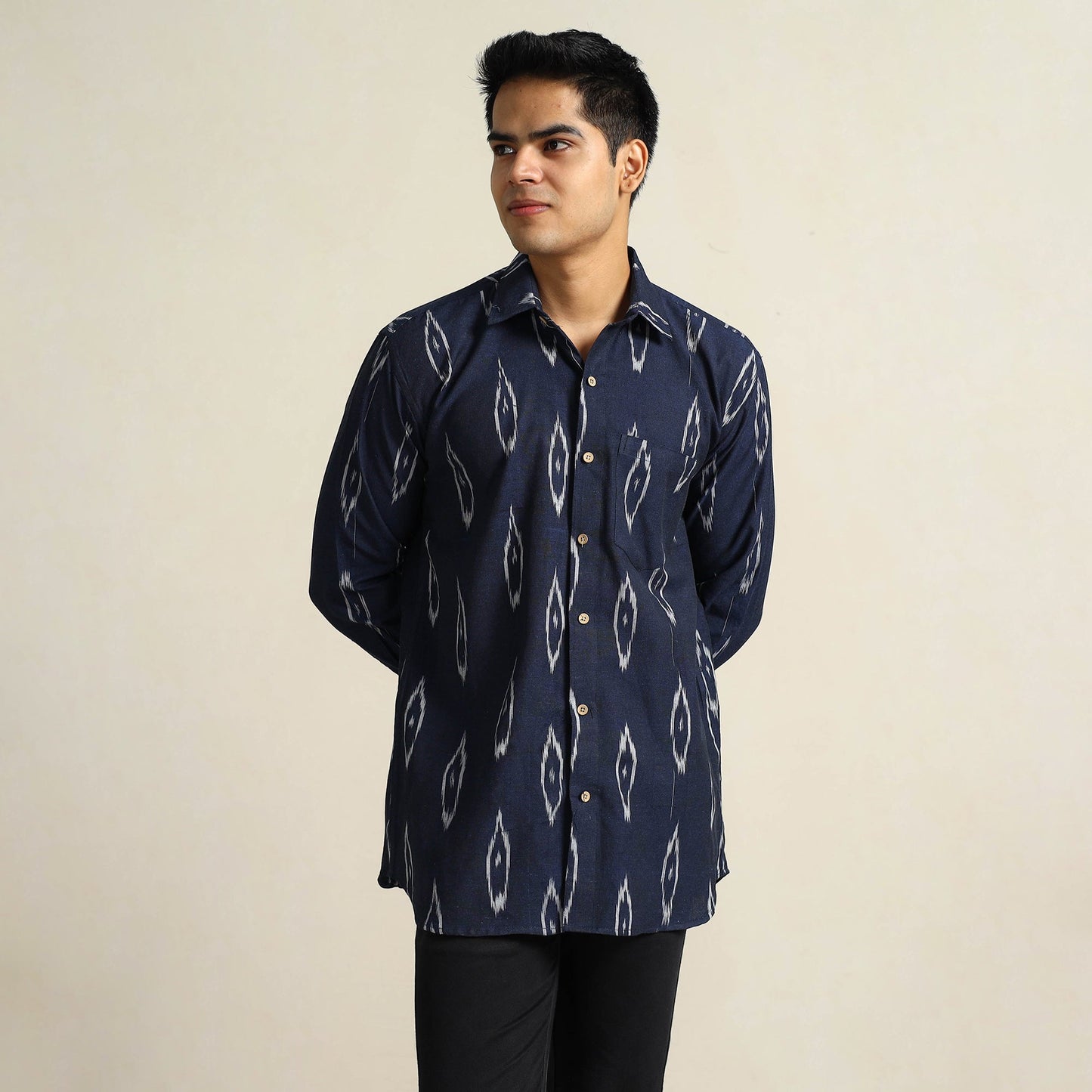 Blue - Pochampally Ikat Weave Cotton Men Full Sleeve Shirt 21