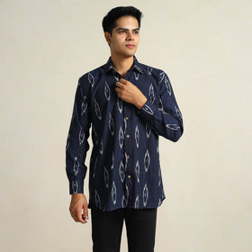 Blue - Pochampally Ikat Weave Cotton Men Full Sleeve Shirt 21