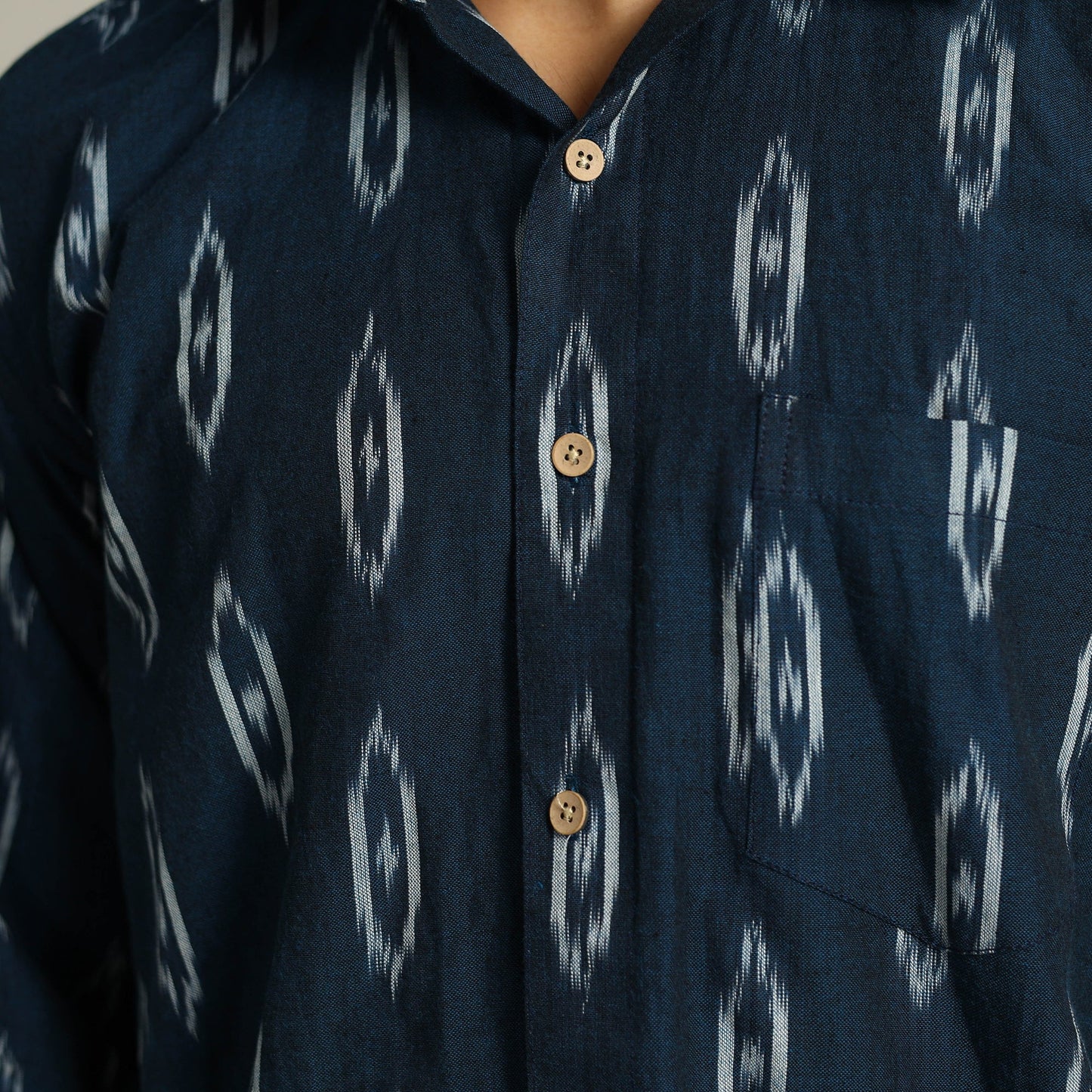 Blue - Pochampally Ikat Weave Cotton Men Full Sleeve Shirt 23