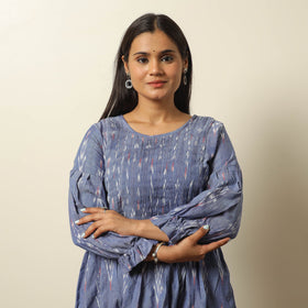 Blue - Pochampally Ikat Weave Cotton Pintuck Flared Dress 04