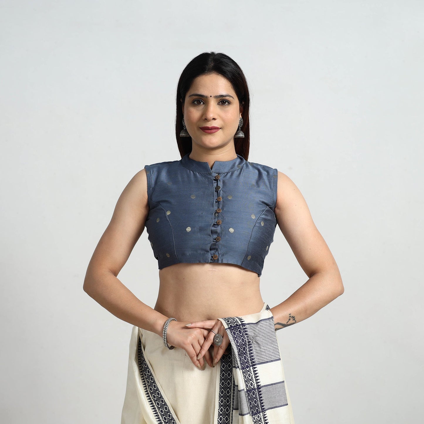 Blue - polka dot zari buti silk stitched plain blouse 04