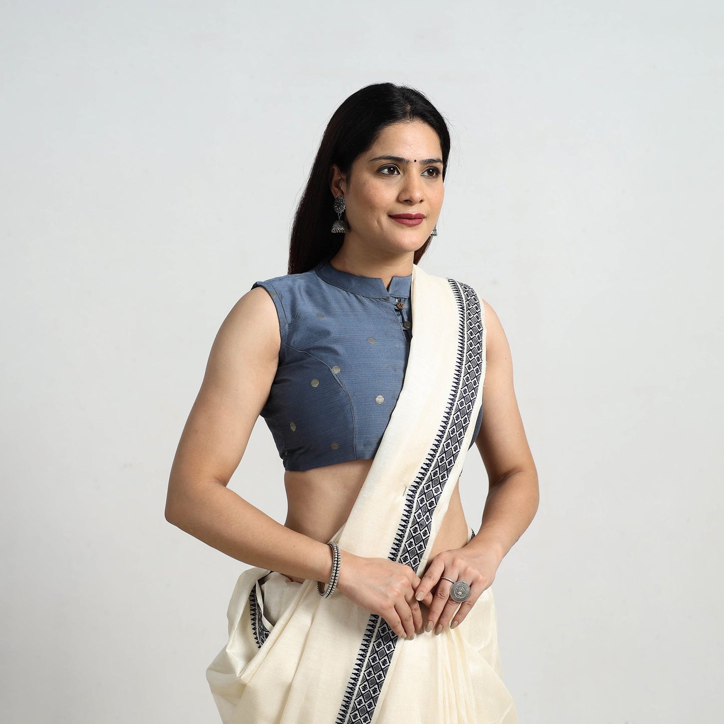 Blue - polka dot zari buti silk stitched plain blouse 04