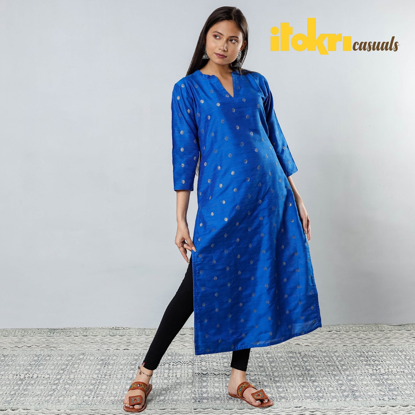 Buy Polka Zari Butta Spun Dupion Silk Long Kurta for Women